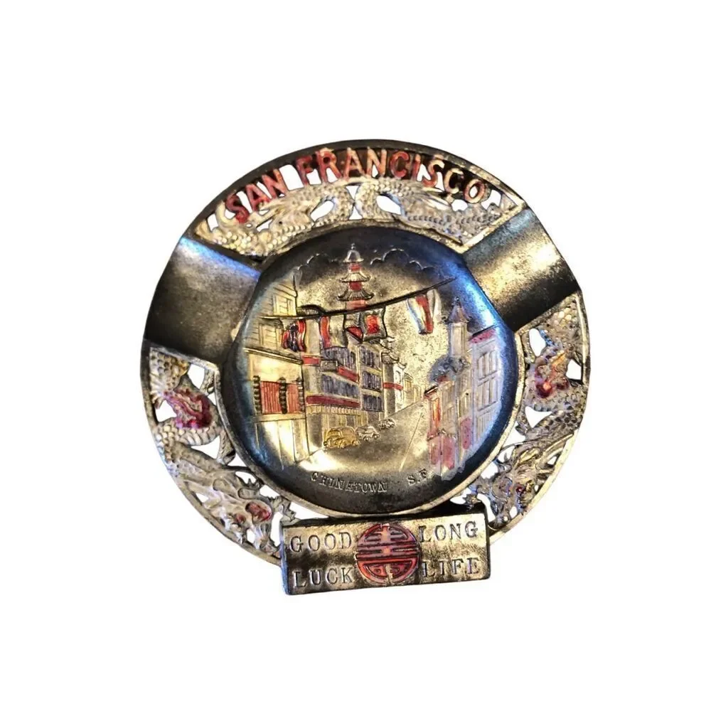 Vintage San Francisco Tin Plate Embossed Ashtray Catch All Americana Kitsch Deco